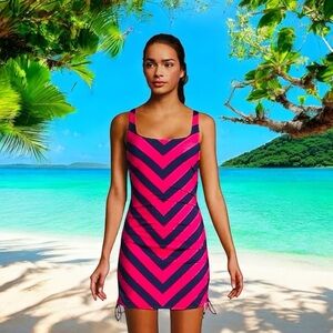 Lands' End Chlorine Resistant Adjustable Swim Dress Deep Sea Navy/hot Pink Sz 12